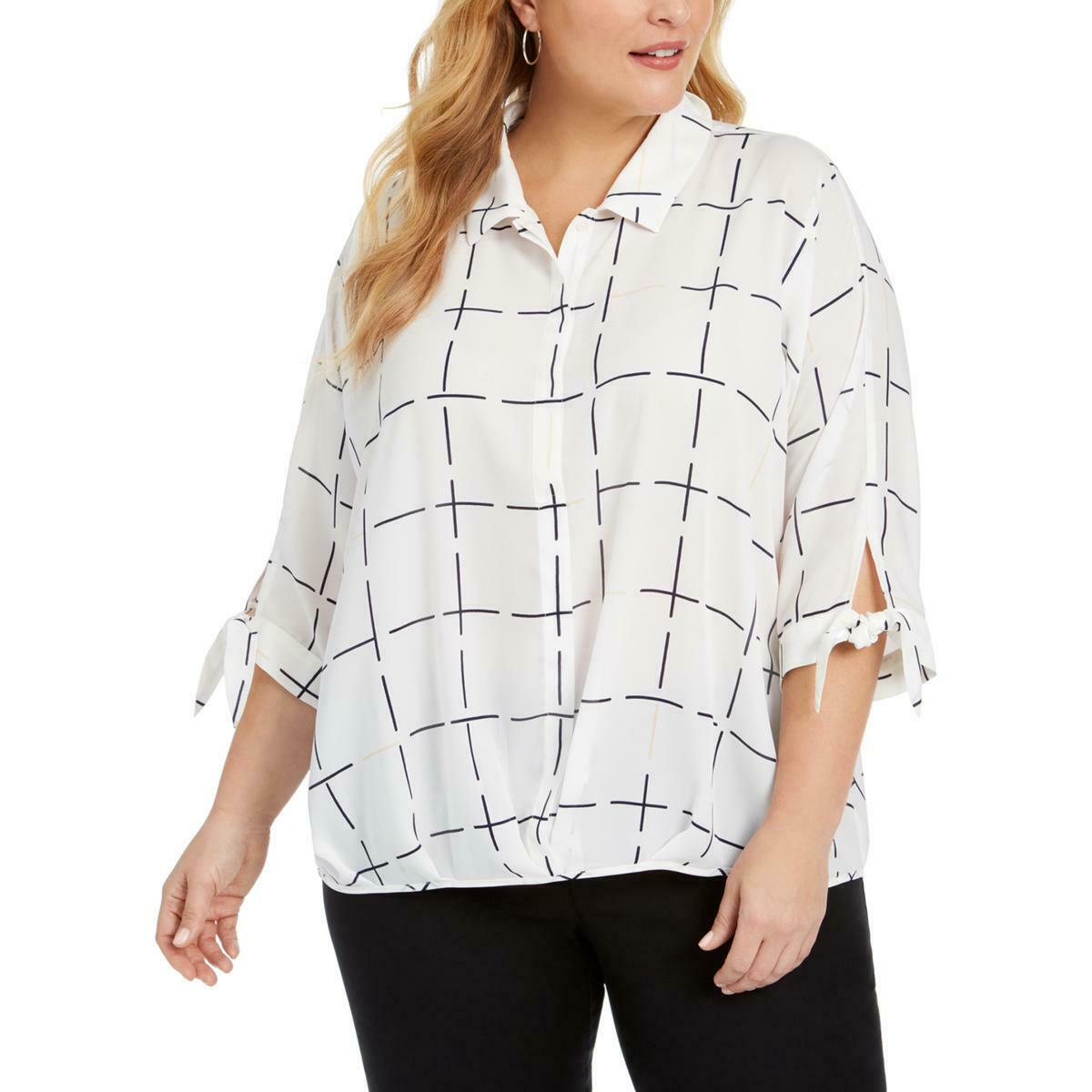 Alfani Women's Plus Printed Tie-Sleeve Top White Size 1X