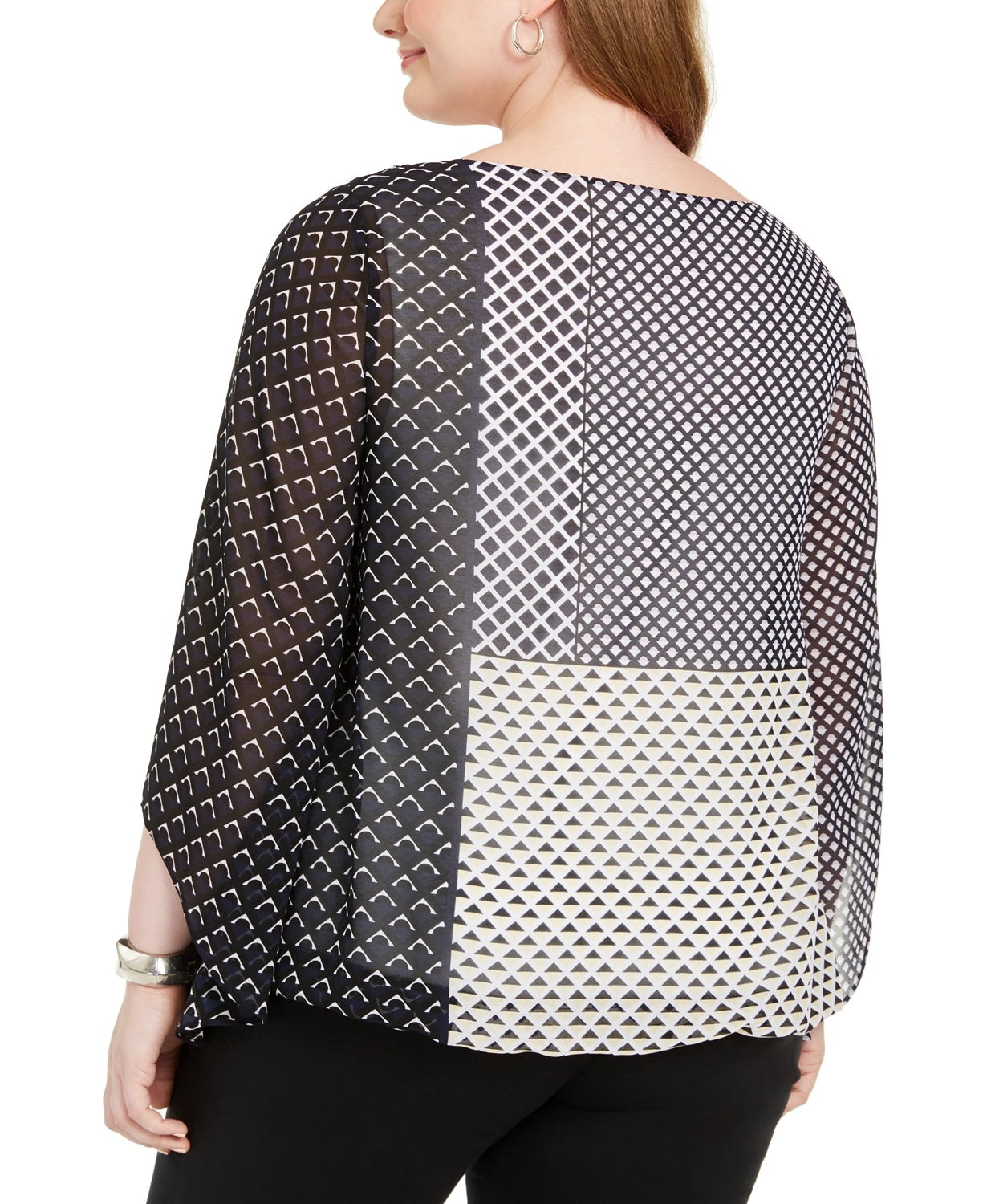 Alfani Women's Plus Size Printed Angel-Sleeve Bubble Top Navy Size 0X