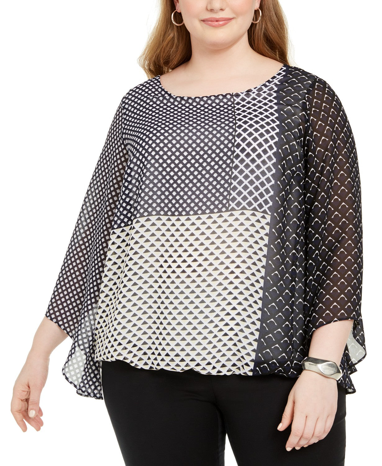 Alfani Women's Plus Size Printed Angel-Sleeve Bubble Top Navy Size 0X
