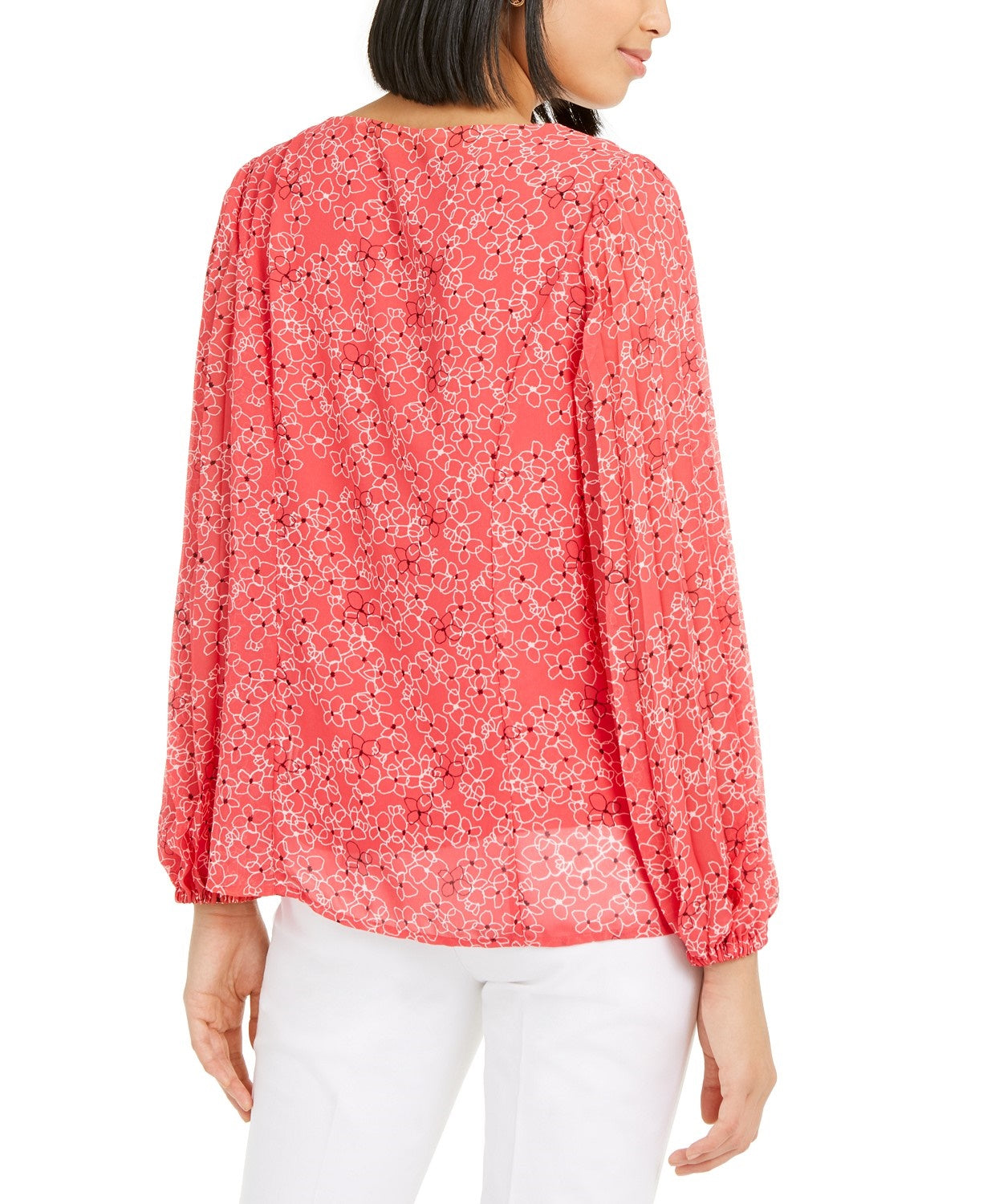 Alfani Women's Petite Floral-Print Pleat-Sleeve Top Pink Size Petite Small