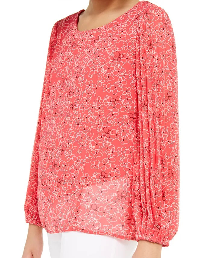 Alfani Women's Petite Floral-Print Pleat-Sleeve Top Pink Size Petite Small