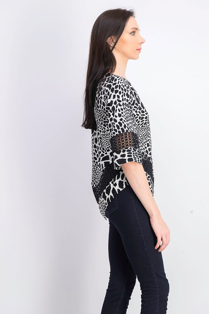 Alfani Women's Petite Printed Crochet-Trim Top White Size Petite