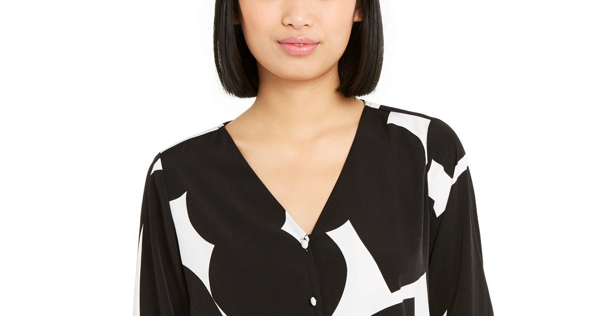 Alfani Women's Heart-Print Gathered-Sleeve Shirt Black Size Small