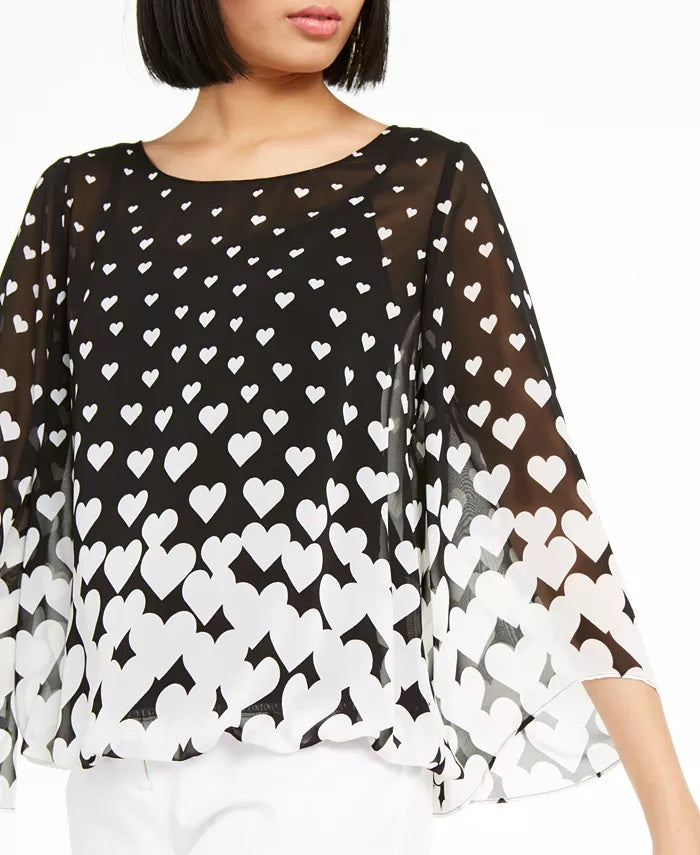 Alfani Women's Heart-Print Angel-Sleeve Top Black Size Large