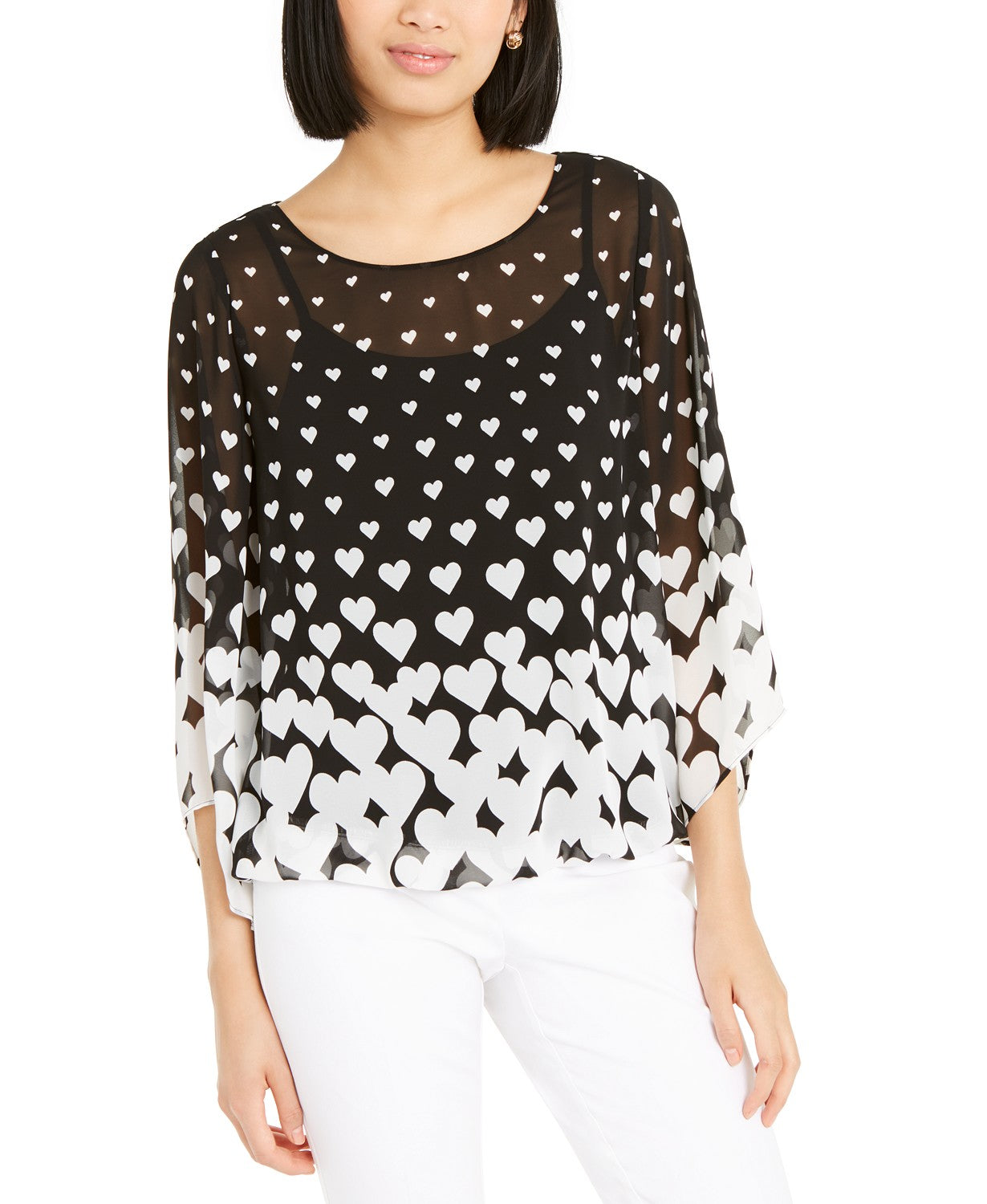 Alfani Women's Heart-Print Angel-Sleeve Top Black Size Small