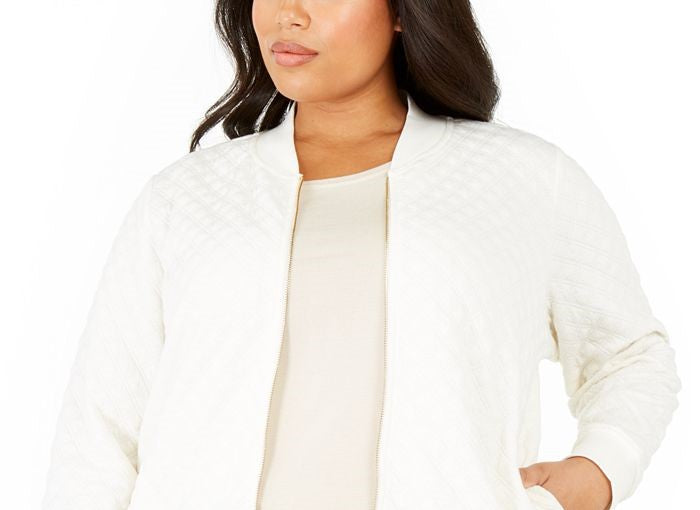 Charter Club Women's Textured Knit Bomber Jacket White Size Medium