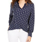 Charter Club Women's Petite Printed Split-Neck Top Blue Size Medium