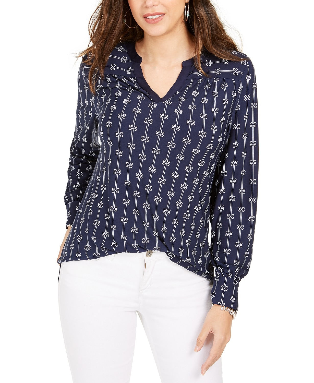 Charter Club Women's Petite Printed Split-Neck Top Blue Size Medium