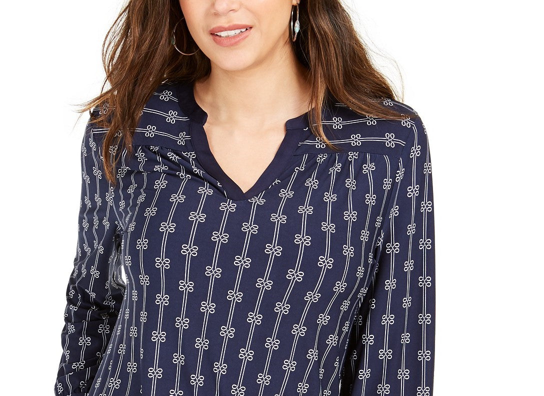 Charter Club Women's Petite Printed Split-Neck Top Blue Size Petite