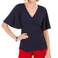 Charter Club Women's Printed Flutter-Sleeve Wrap Top Blue Size Small