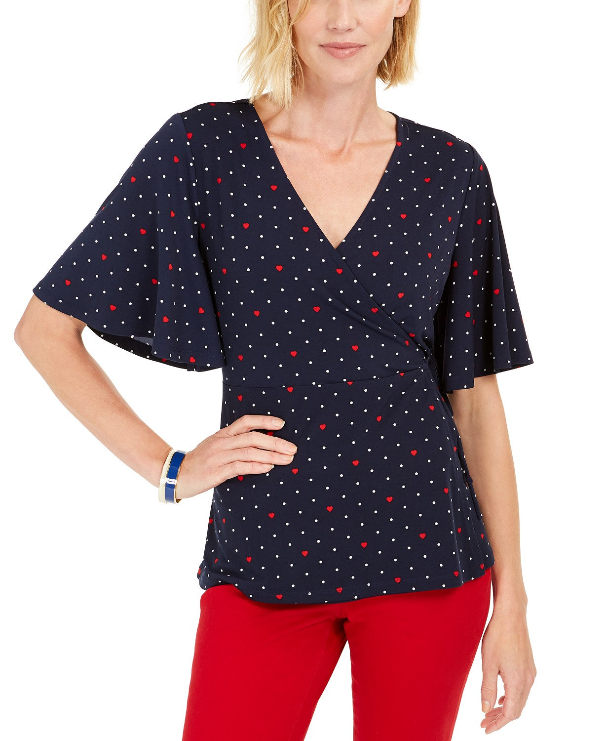 Charter Club Women's Printed Flutter-Sleeve Wrap Top Blue Size Small