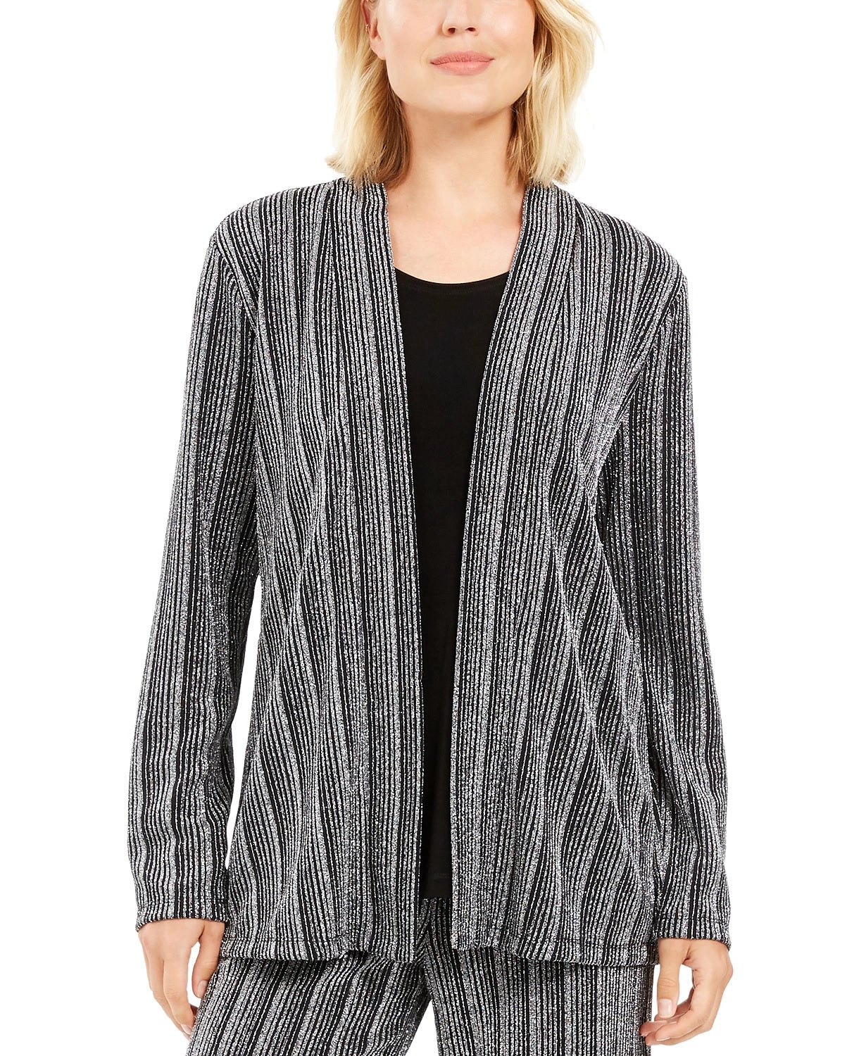 JM Collection Women's Petite Layered-Look Metallic Cardigan Black Size Petite Large