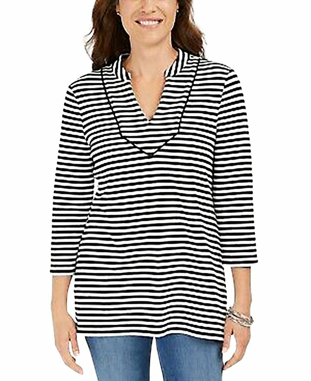 Charter Club Women's Striped 3/4-Sleeve Top Black Size Large