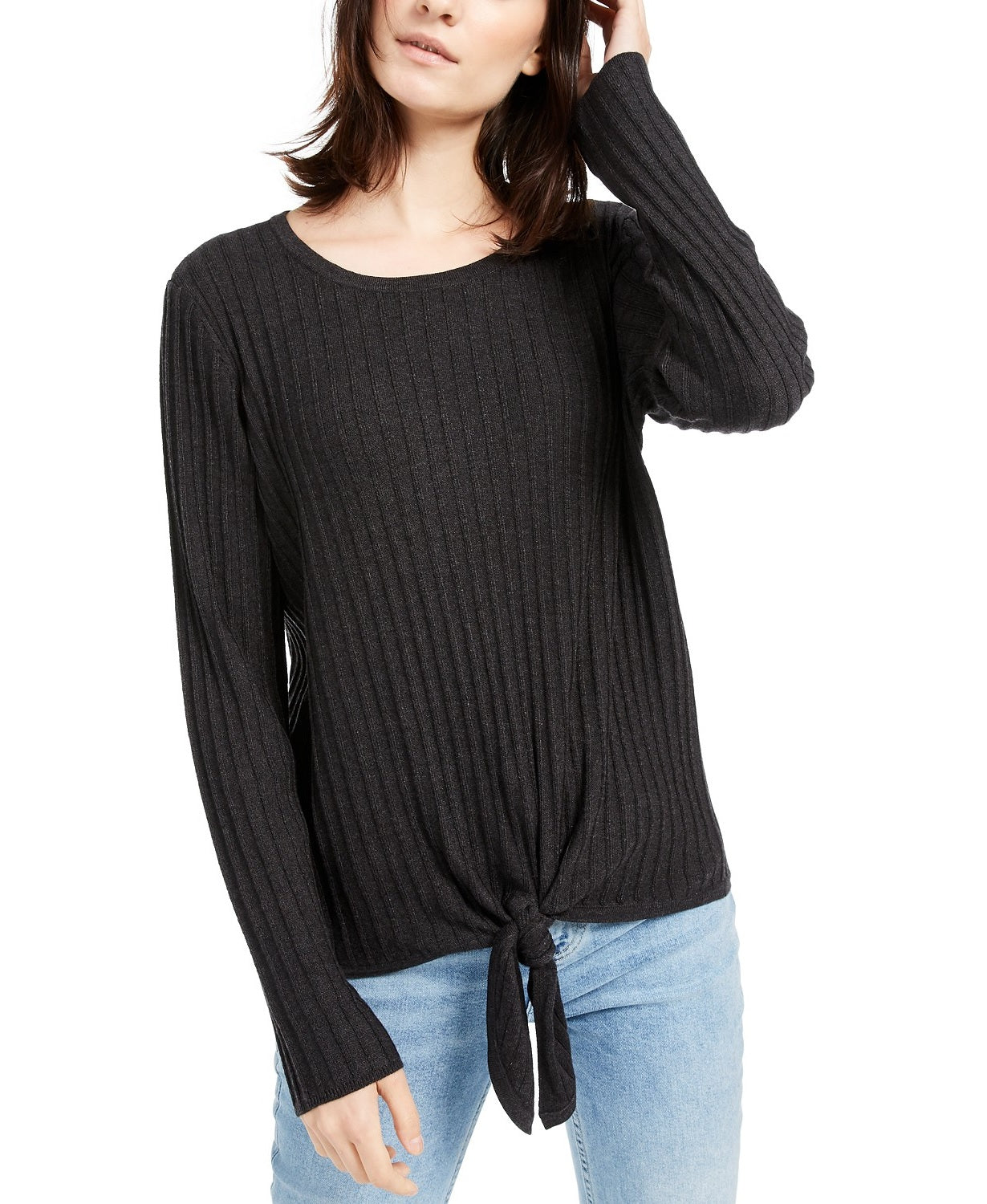 INC International Concepts Women's Ribbed Knotted Sweater Black Size Small