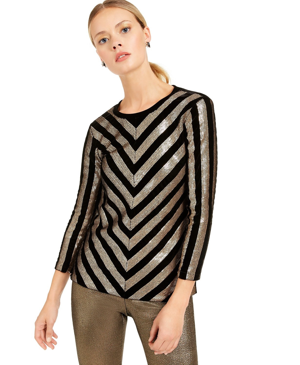 INC International Concepts Women's Velvet Sequined Chevron Top Black Size Medium