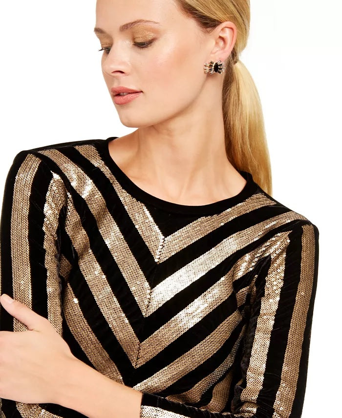 INC International Concepts Women's Velvet Sequined Chevron Top Black Size Medium