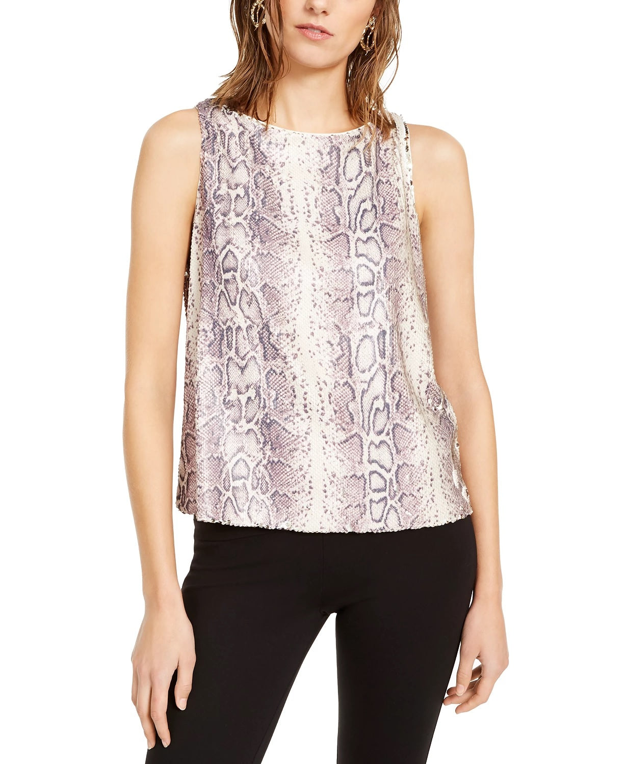 INC International Concepts Women's Sequined Snake-Embossed Tank Top Pink Size Small