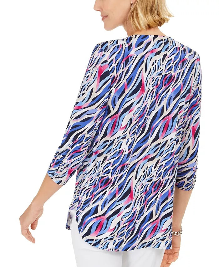 JM Collection Women's Printed Zip-Front Top Blue Size XExtra Large