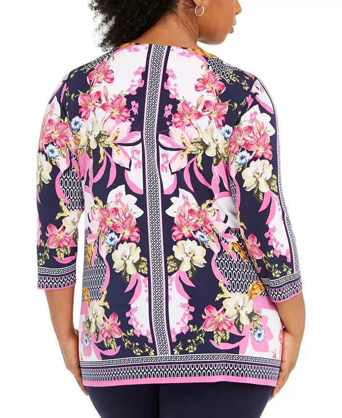 JM Collection Women's Plus Size Printed Keyhole Tunic Purple Size 0 Extra Large