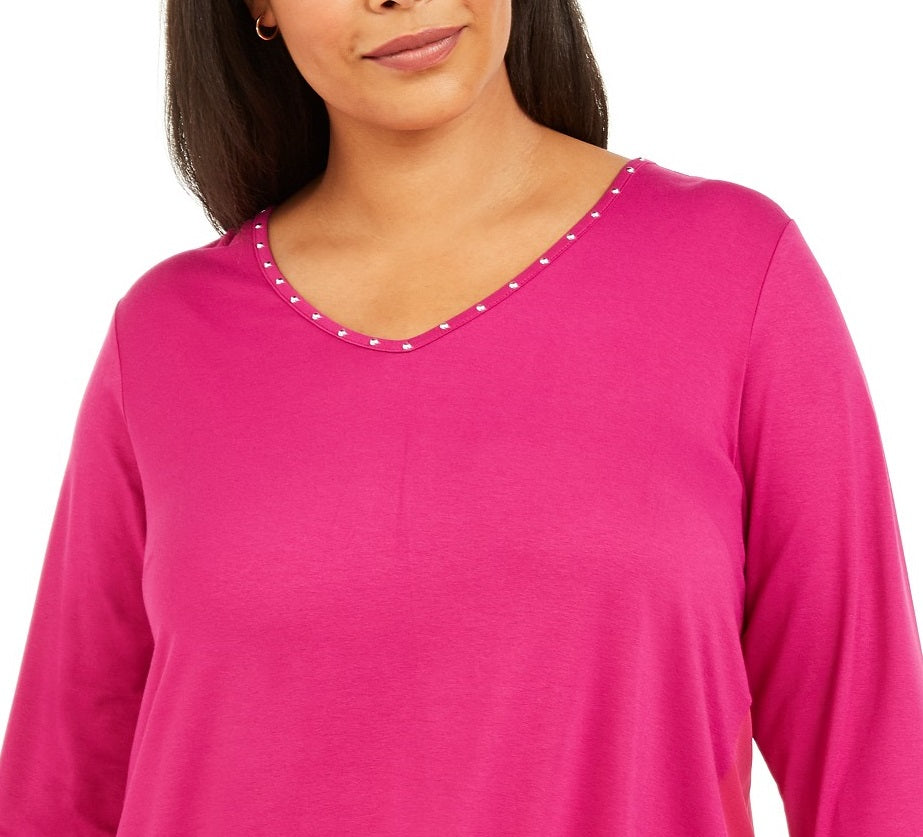 JM Collection Women's Plus Size Studded Mixed-Media Top Pink Size X-Large