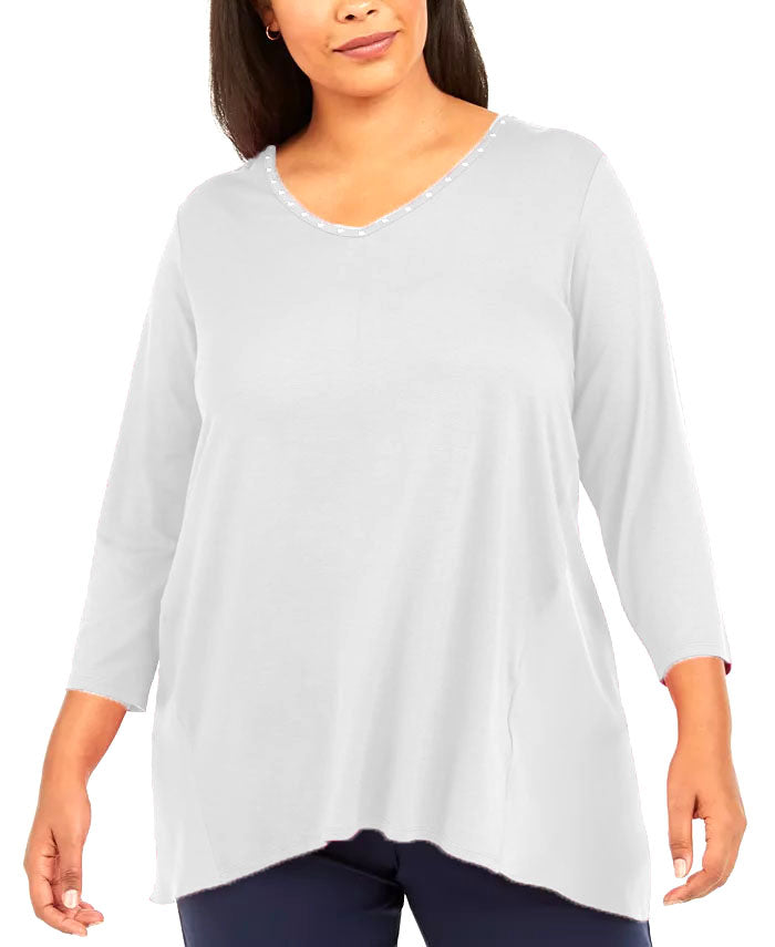 JM Collection Women's Plus Size Studded Mixed-Media Top White Size XX-Large