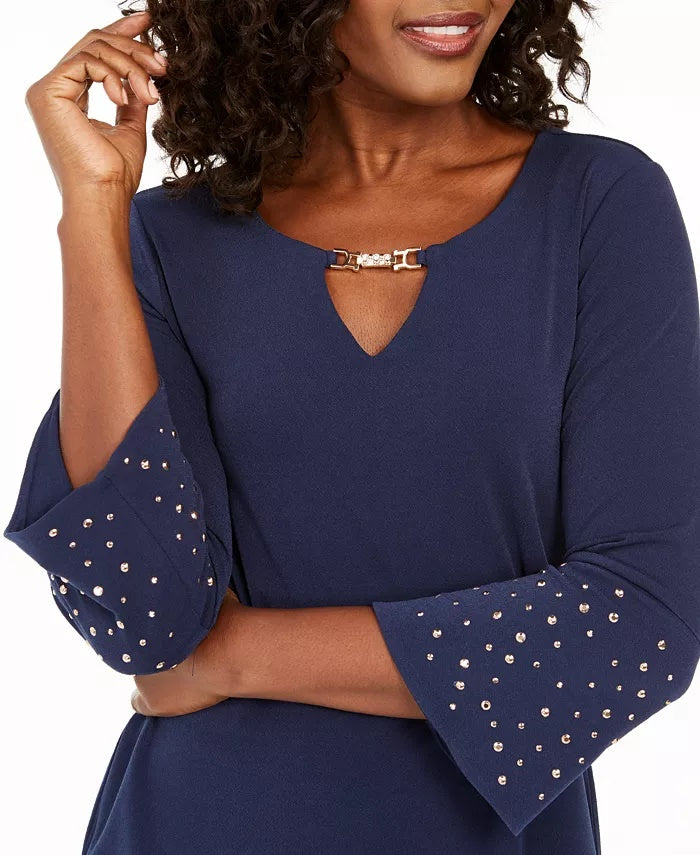 JM Collection Women's Rhinestone-Sleeve Keyhole Top Blue Size Small
