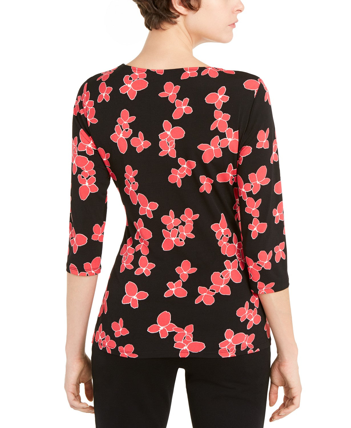 Alfani Women's Petite Floral-Print Side-Tie Top  Black Size Large