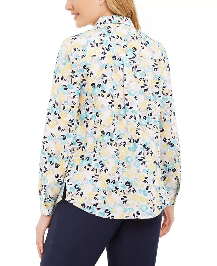Charter Club Women's Cotton Floral-Print Shirt White Size Extra Large