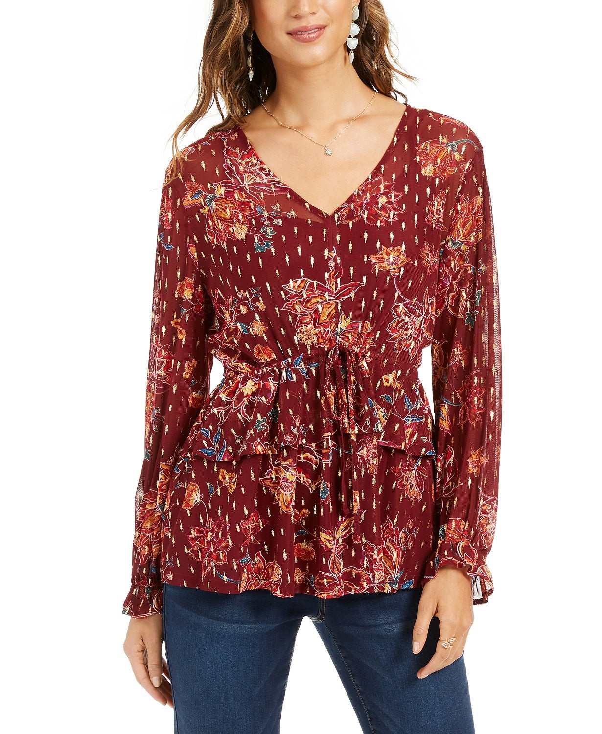 Style & Co Women's Printed Drawstring-Waist Top Red Size Large