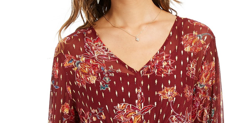 Style & Co Women's Printed Drawstring-Waist Top Red Size Large