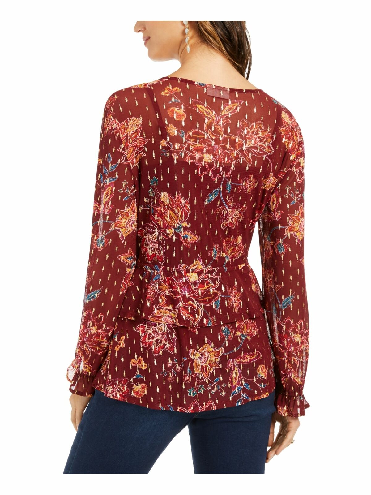Style & Co Women's Tie-Front Floral Print Peasant Blouse Red Size X-Large