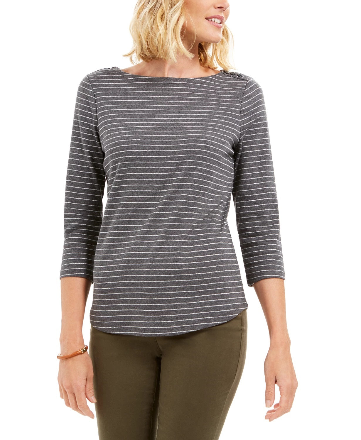 Charter Club Women's Metallic Striped Top Dark Gray Size Petite Small
