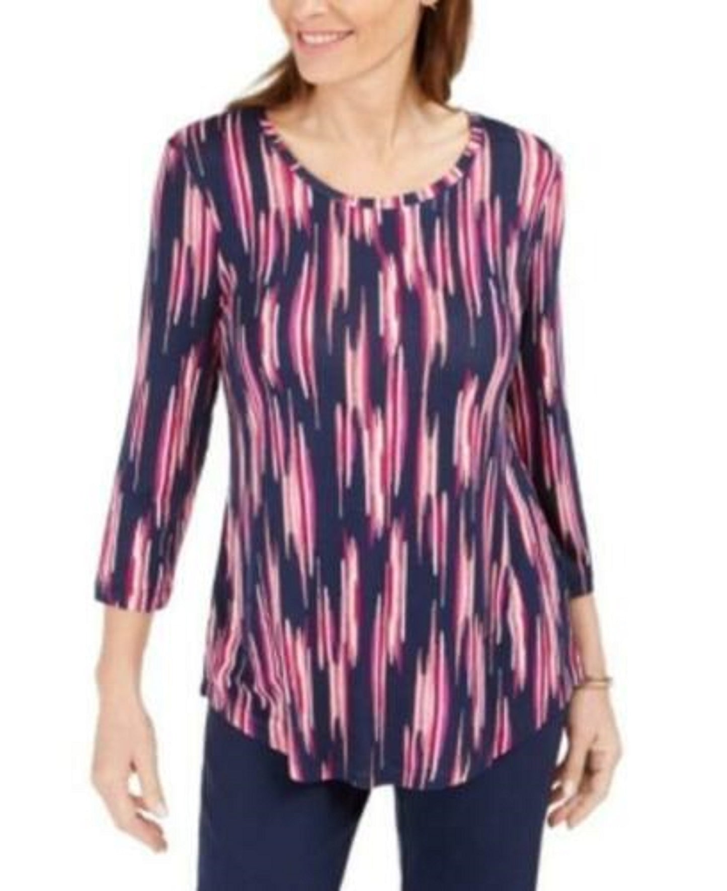 JM Collection Women's Collection Printed 3/4-Sleeve T-Shirt Pink Size Medium