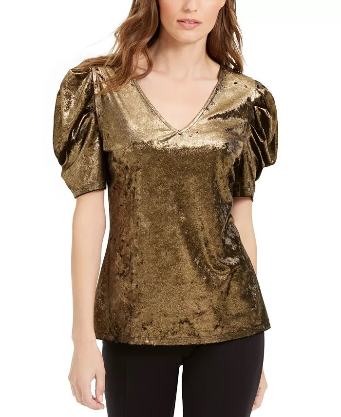 INC International Concepts Women's Velvet Puff Sleeve Top Gold Size X-Small