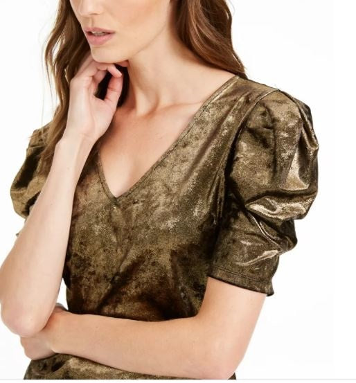 INC International Concepts Women's Velvet Puff Sleeve Top Gold Size X-Small