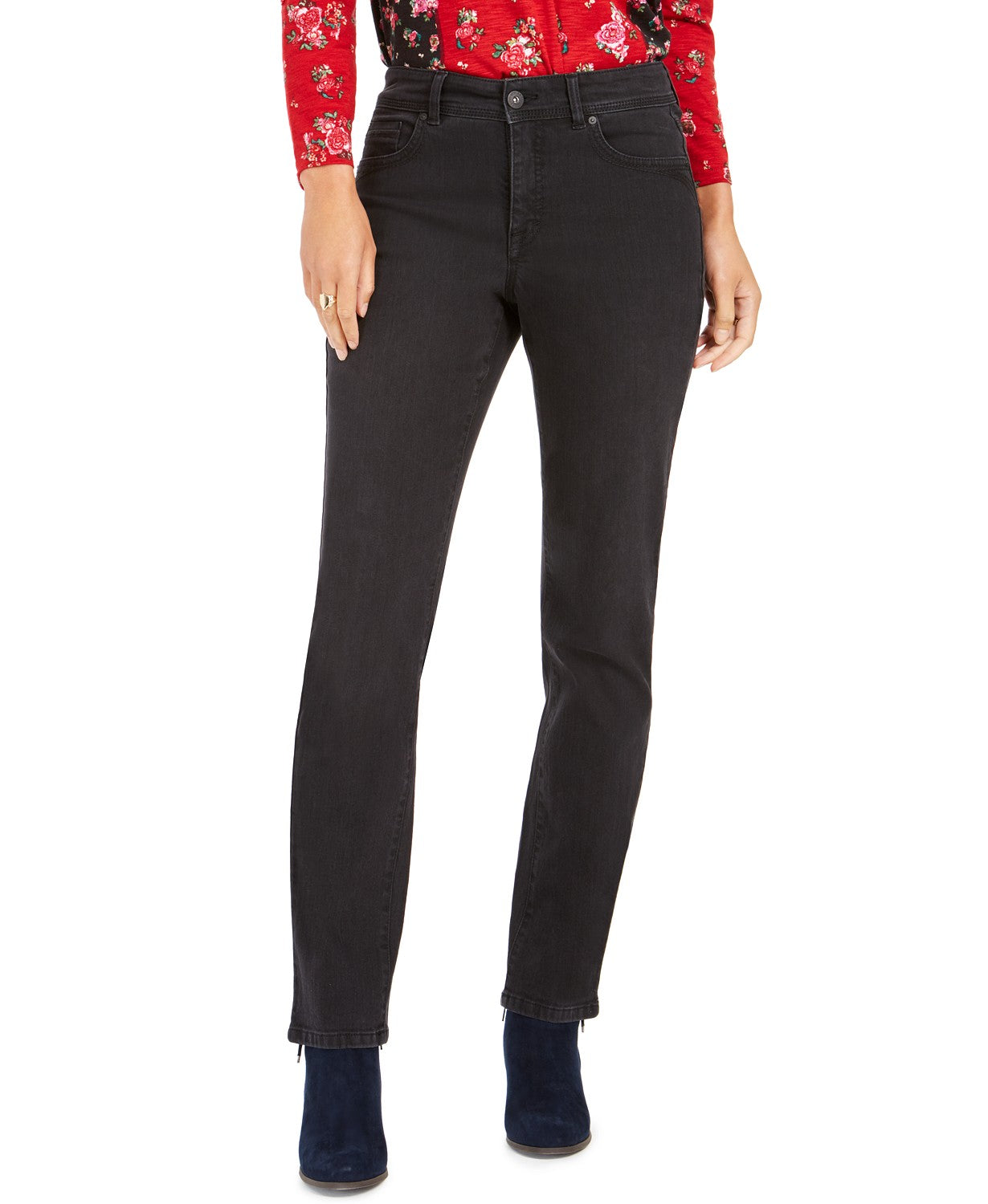 Style & Co Women's Tummy-Control Straight-Leg Jeans Black Smudge Size 14