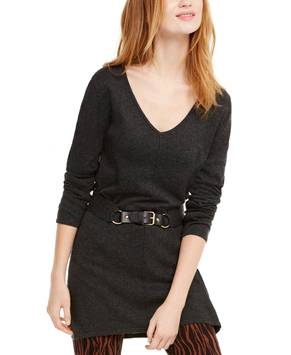 INC International Concepts Women's Belted Tunic Sweater Charcoal Size Large