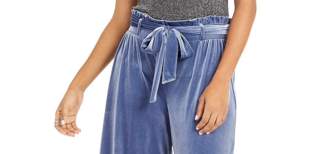 INC International Concepts Women's Velvet Wide-Leg Paperbag Pants Blue Size Extra Large