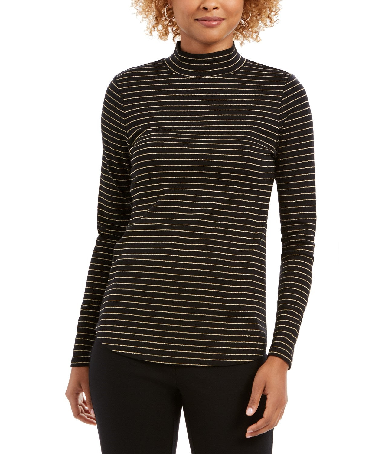 Charter Club Women's Striped Mock-Neck Top Black Size Large