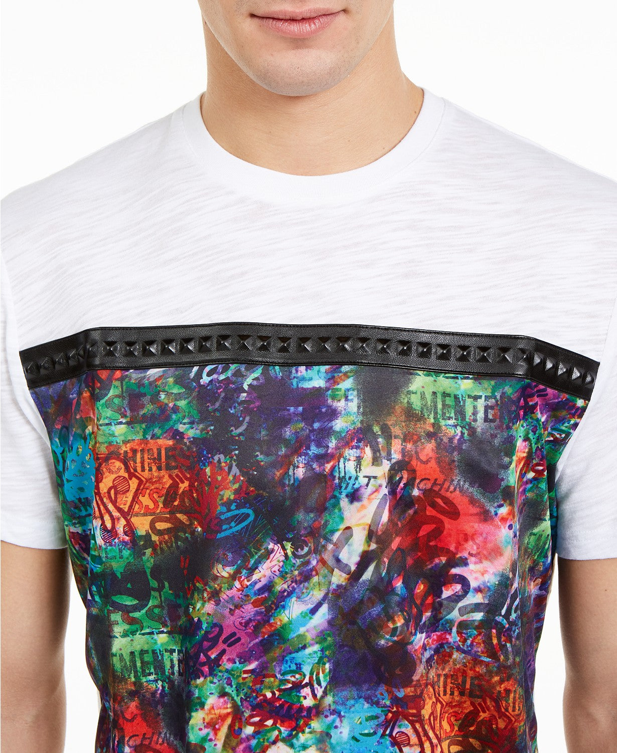 INC International Concepts Men's Graffiti Graphic T-Shirt With Studded Faux-Leather Taping White Size 2 X-Large