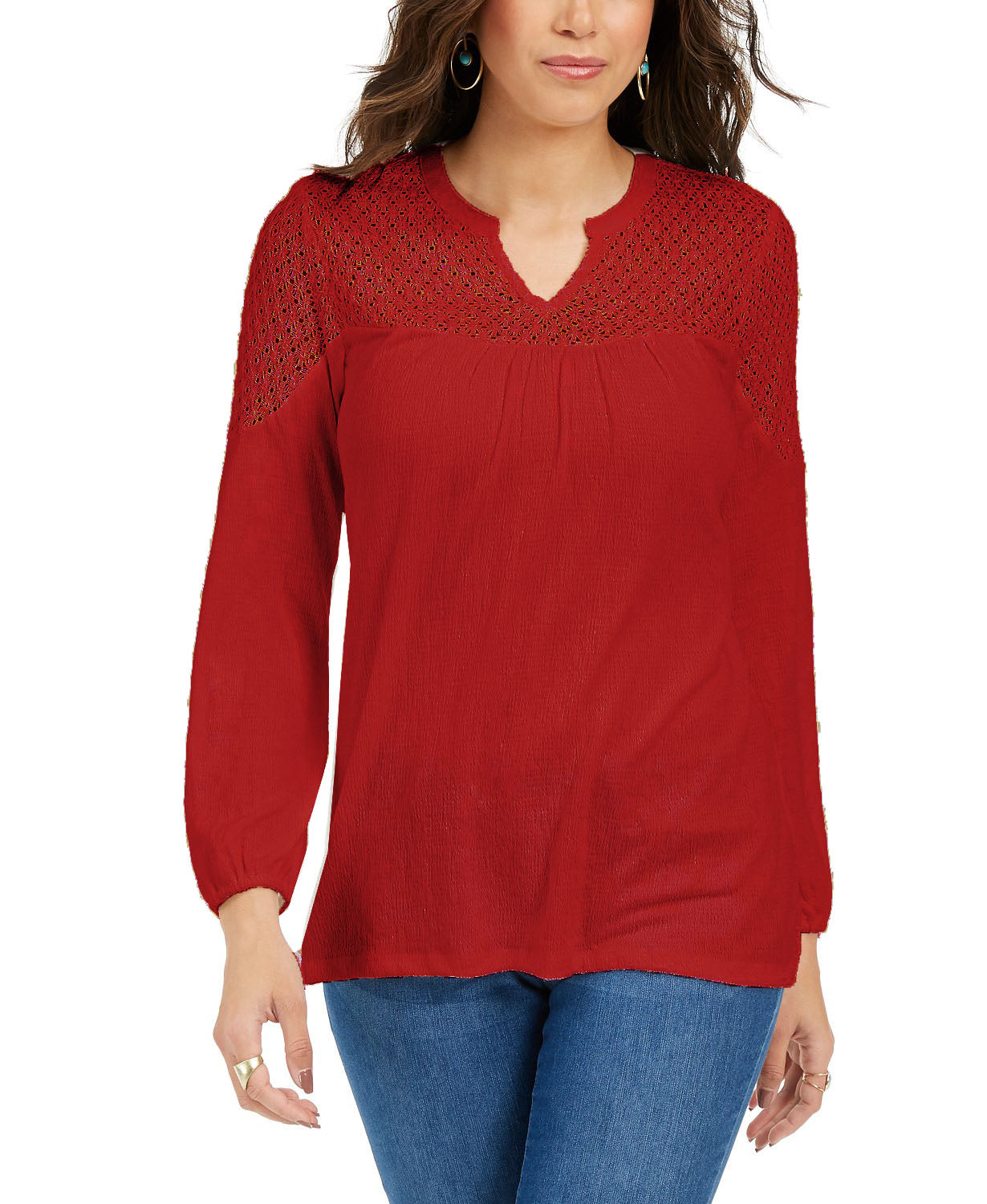 Style & Co Women's Crochet-Yoke Top Red Size Medium