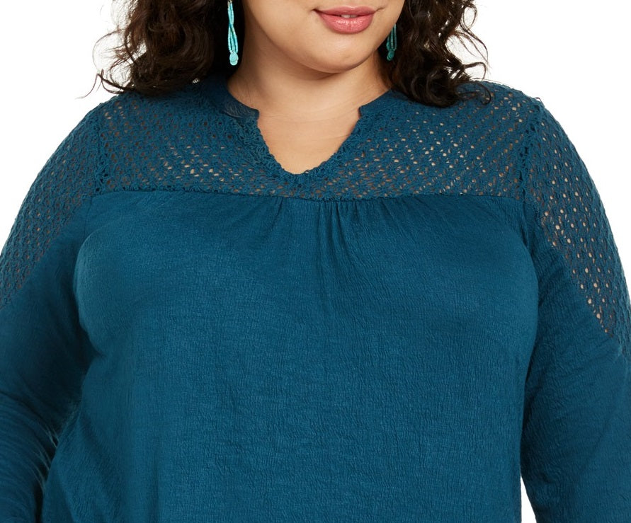 Style & Co Women's Plus Size Crochet-Trim Top Blue Size XXX-Large