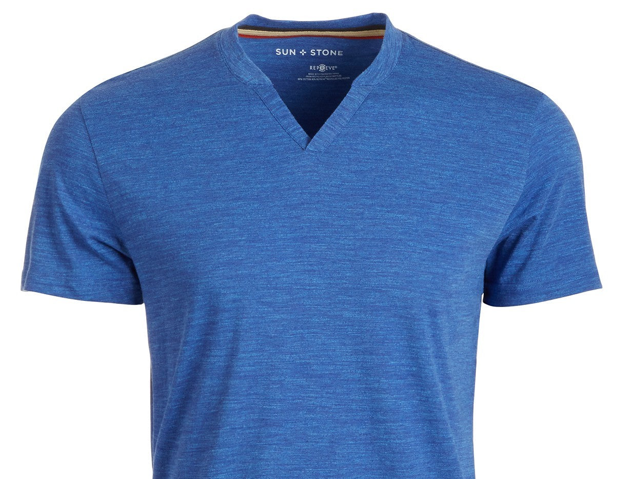 Sun + Stone Men's Eden Split Neck T-Shirt Blue Size Medium