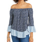 Style & Co Women's Printed On/Off-The-Shoulder Top Blue Size Small