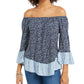 Style & Co Women's Printed On/Off-The-Shoulder Top Blue Size Extra Small