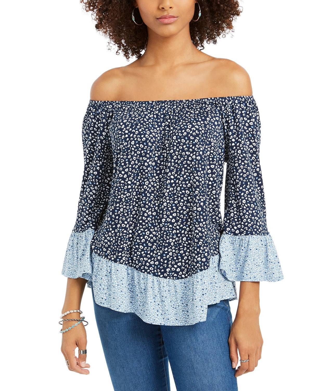 Style & Co Women's Printed On/Off-The-Shoulder Top Blue Size Extra Small