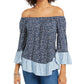 Style & Co Women's Printed On/Off-The-Shoulder Top Navy Size 2 Extra Large