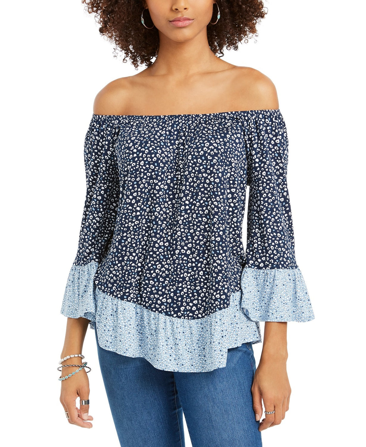 Style & Co Women's Printed On/Off-The-Shoulder Top Navy Size 2 Extra Large