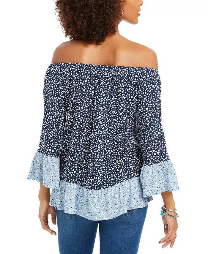 Style & Co Women's Printed On/Off-The-Shoulder Top Navy Size 2 Extra Large