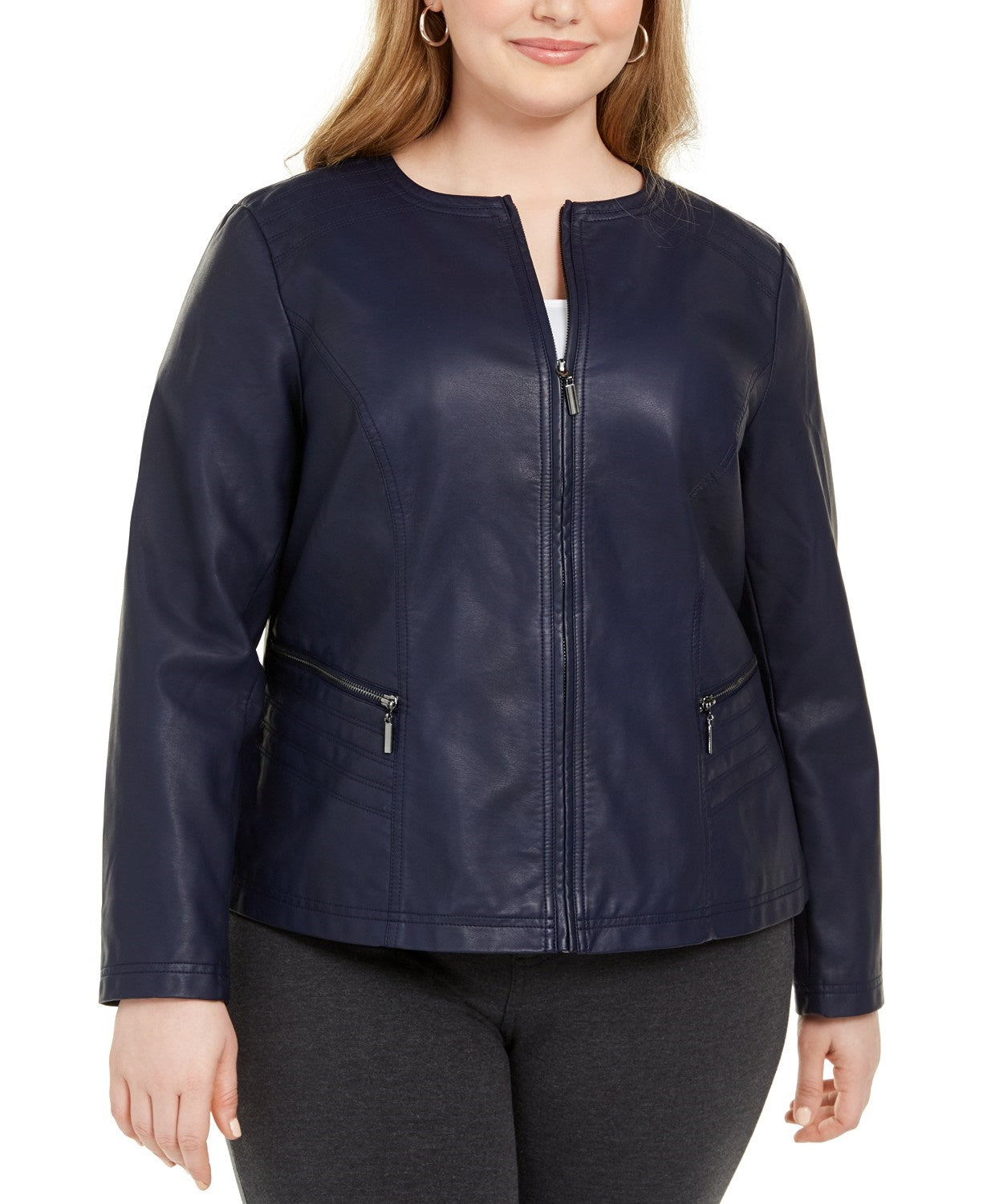 Alfani Women's Plus Size Faux Leather Zipper Jacket Blue Size X-Large